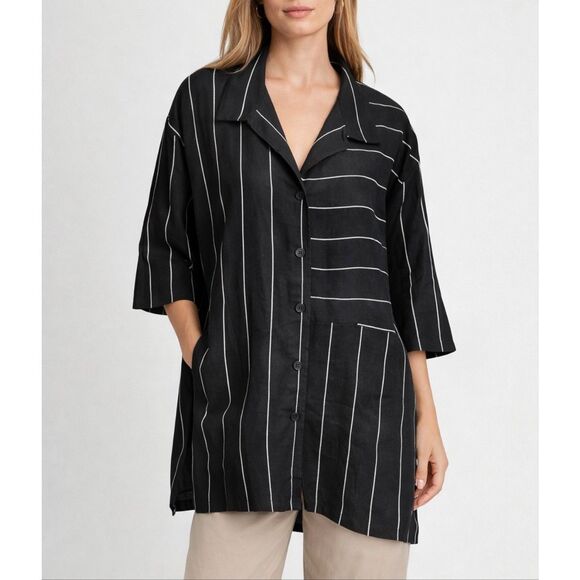 Lisa Bayne Tops - Lisa Bayne 100% Linen Black White Pinstripe Oversized Button Shirt XL Tunic